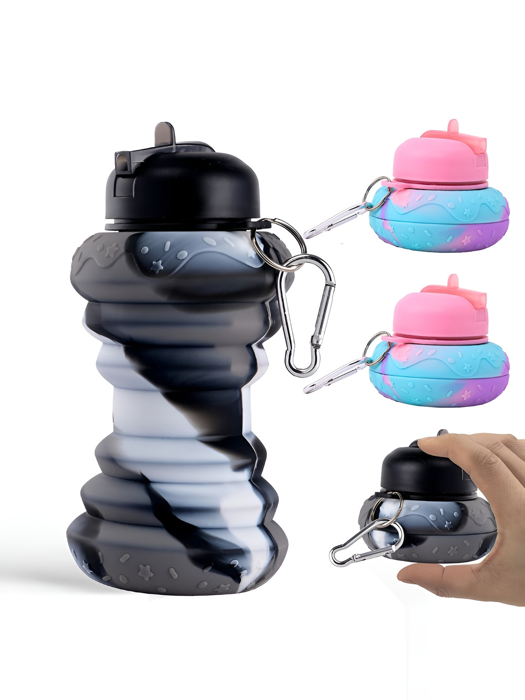 Aura Black Colourblocked Plastic Collapsible 4 Piece Water Bottle - 600ml