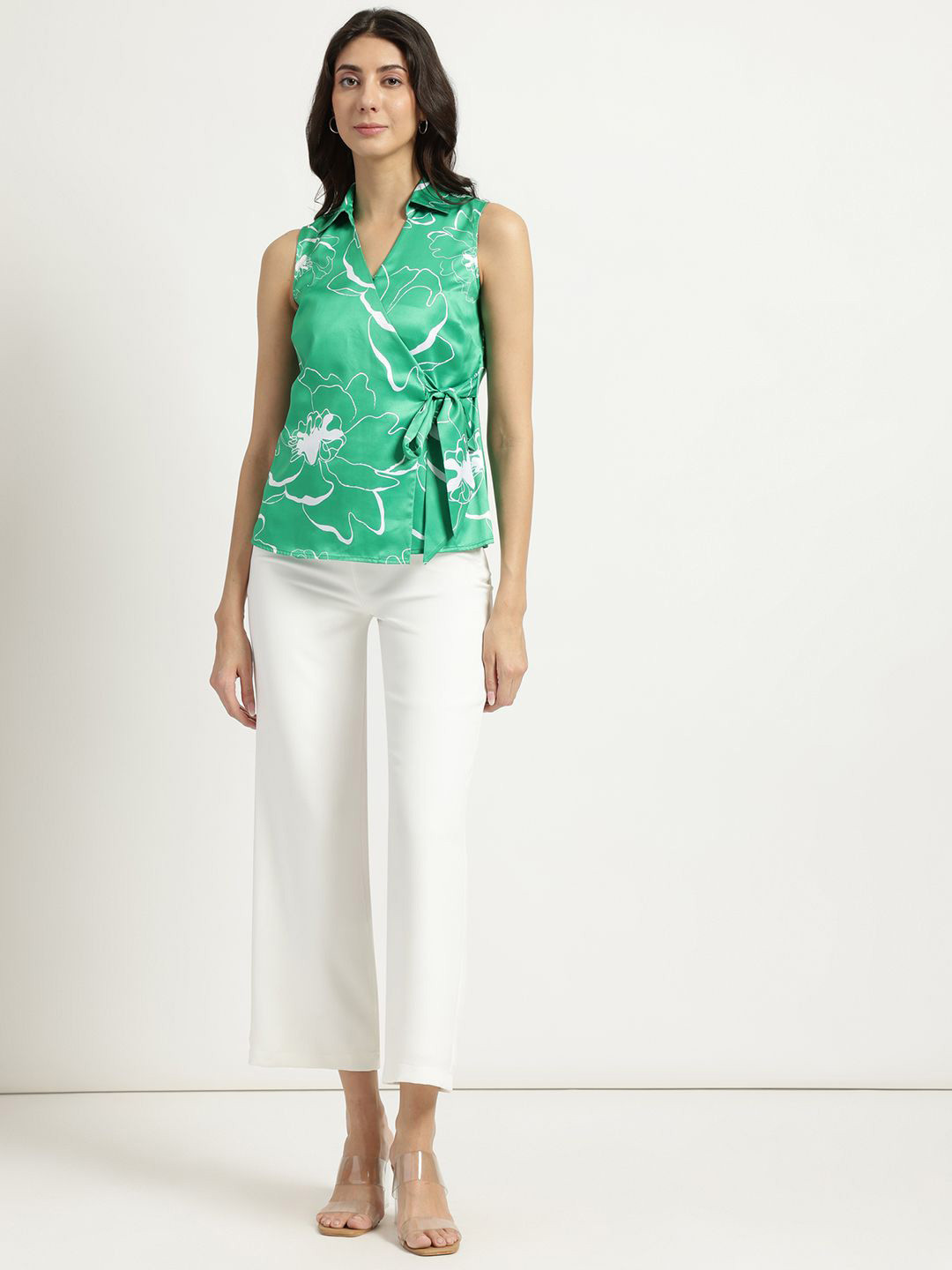 FableStreet Green & White Satin Floral Print Wrap Top