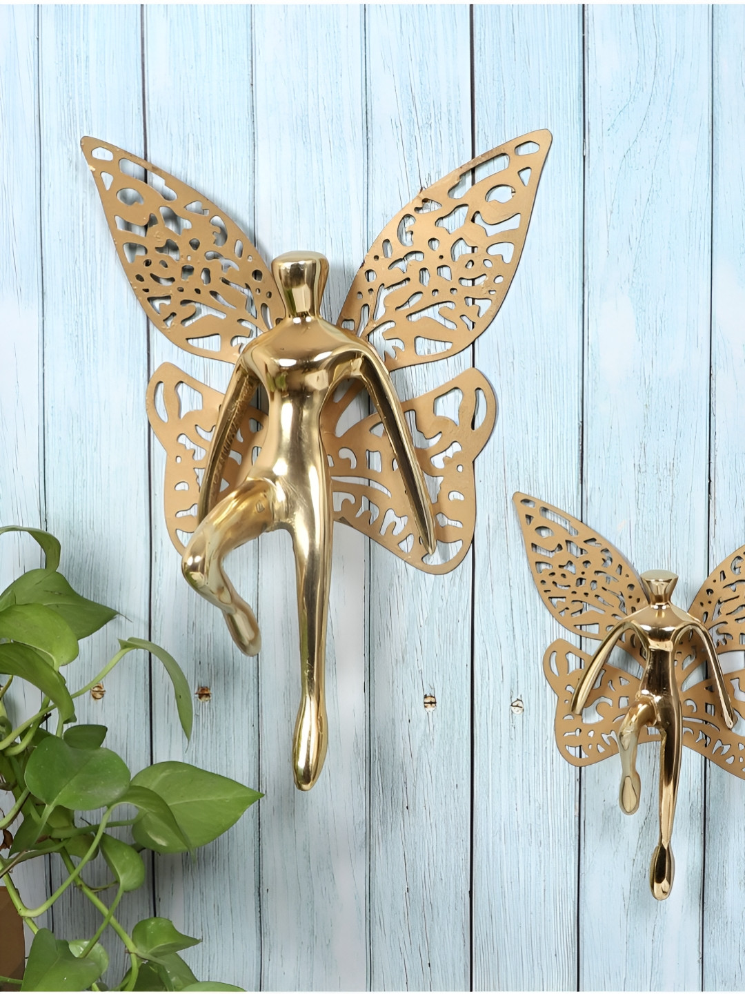 Amaya Decors Gold Angel With Wings Aluminium Glossy Hall 2Pcs Abstract Wall Decor-12In