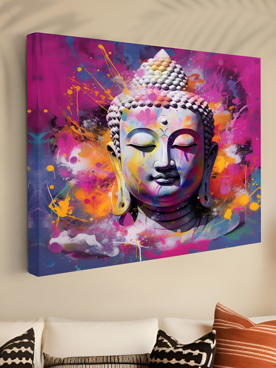 SAF Pink & Blue Color Splash Buddha Canvas Wall Art