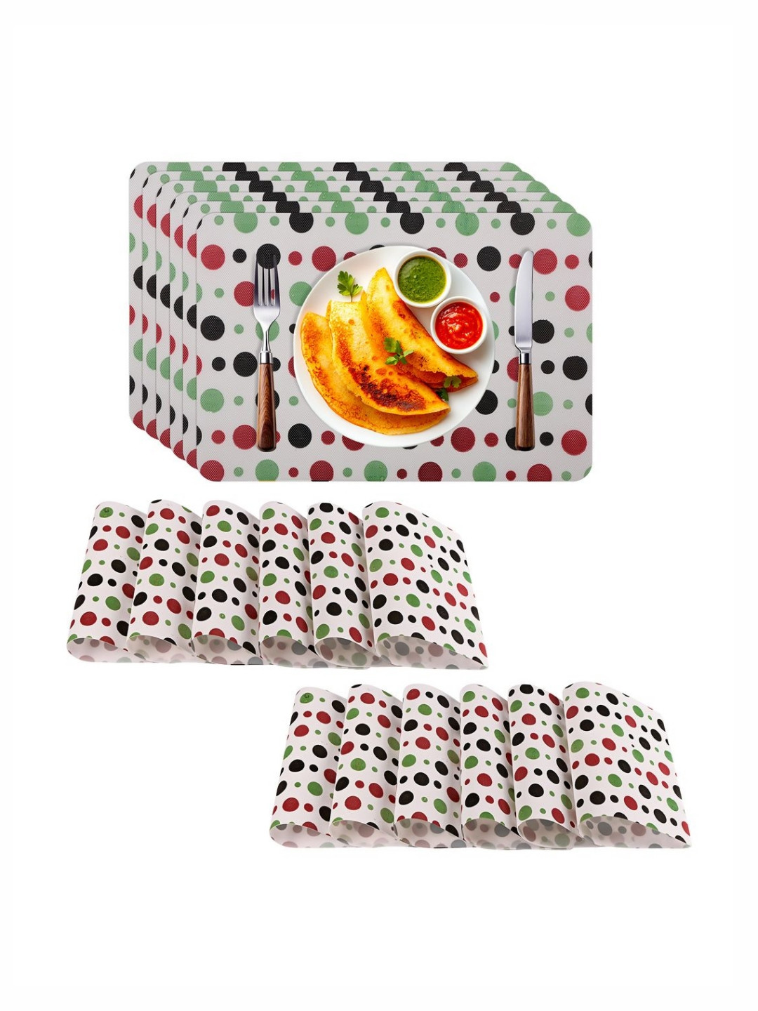 Aura 18-Pcs Red & Green Polka Dot Printed Table Placemats