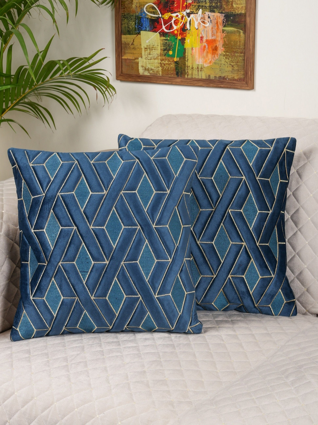 MONKDECOR Set Of 2 Blue Velvet Square Cushion Covers