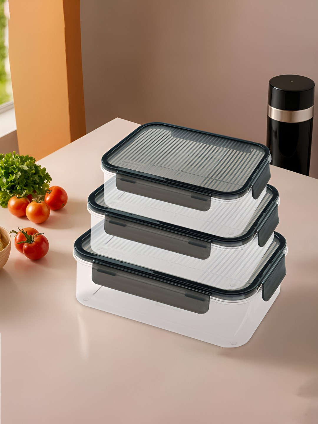 Myntra Elegant Homes Black Striped Plastic Air Tight 3 Piece Clip-On Fridge Container