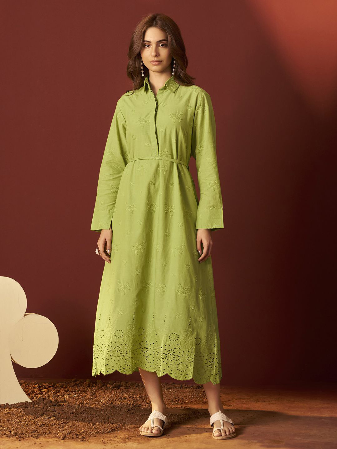 DRESOUL Green Pure Cotton Schiffly Embroidered Dress For Women