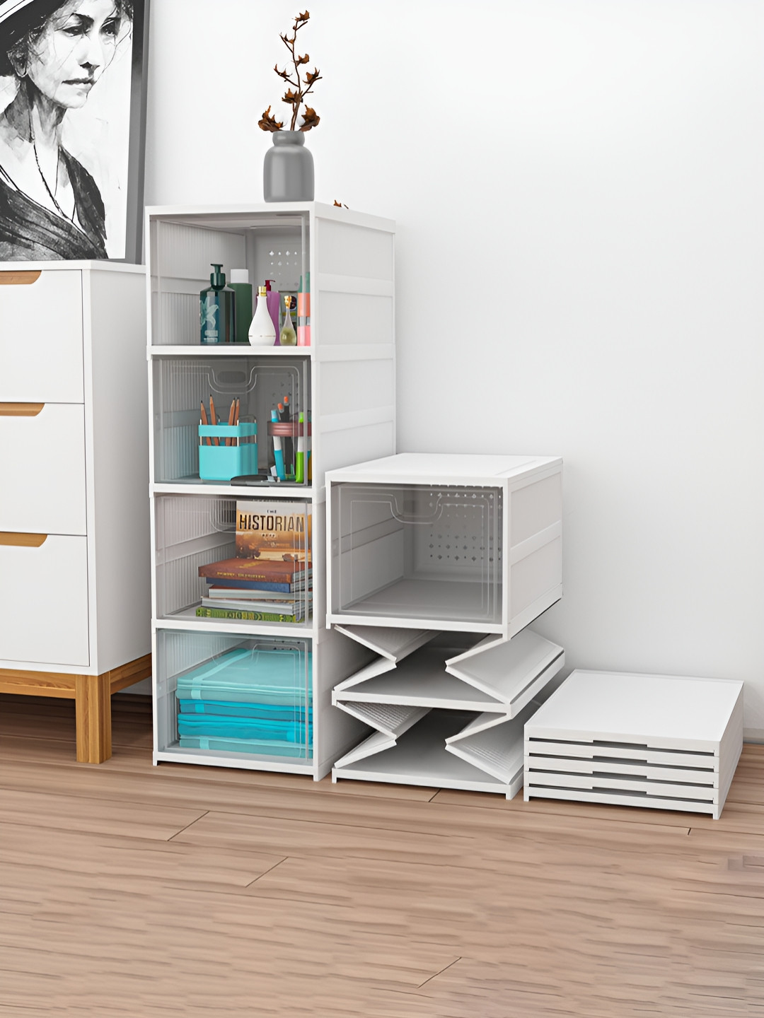 Myntra Elegant Homes White & Transparent 4-Tier Collapsible Racks & Wardrobes