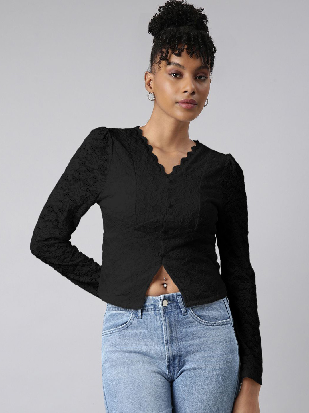 SHOWOFF Women Self Design Lace Velvet Empire Crop Top
