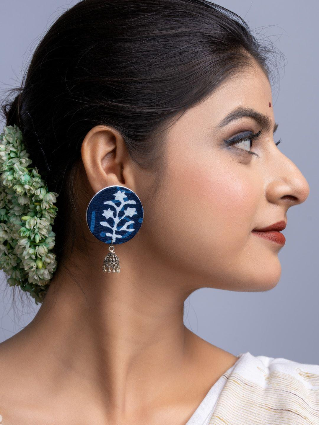Look and Adorn Indigo Blue Floral Fabric German Silver Stud Jhumka Earrings