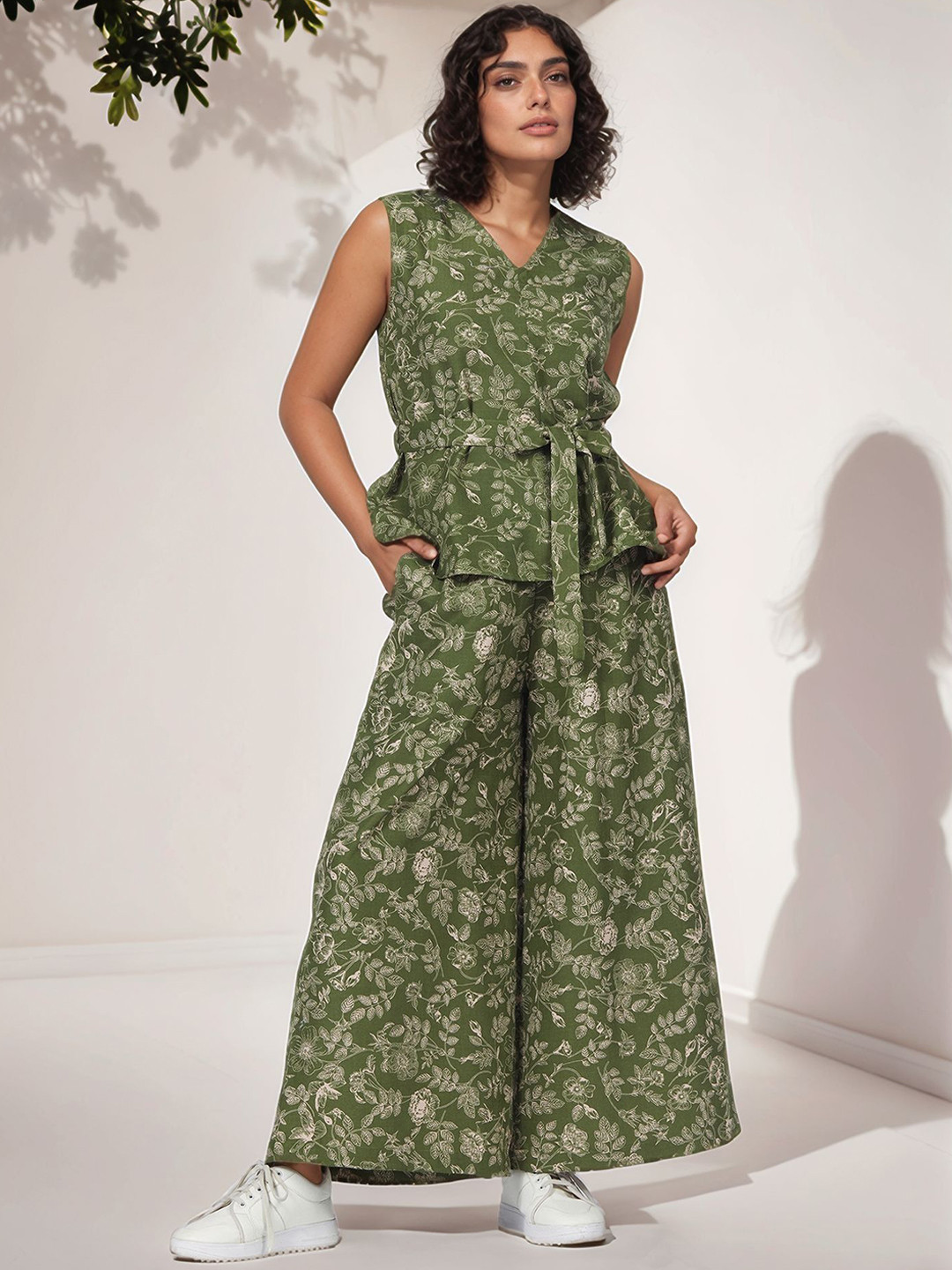 Routes by All About You Floral Printed Linen V-Neck Top And Trousers Co-Ords