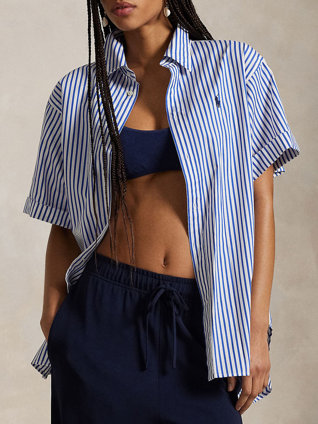 Polo Ralph Lauren Women Oversized Fit Vertical Striped Spread Collar Cotton Casual Shirt