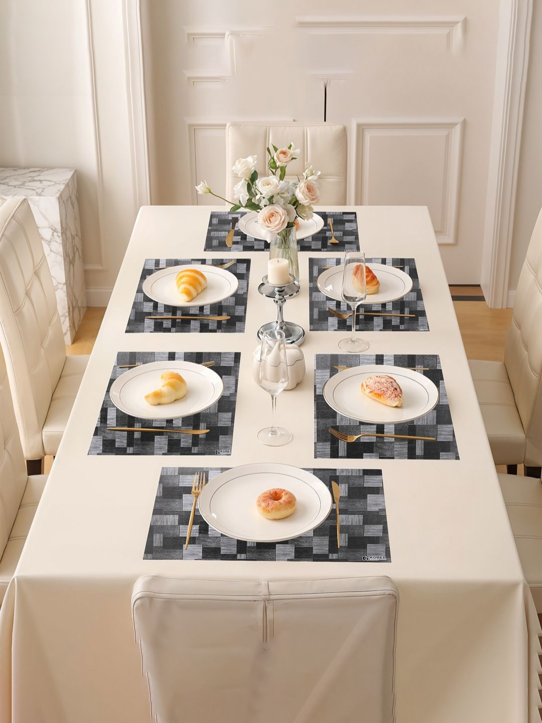 Aura 12Pcs Grey & Black Checked Waterproof Table Placemats