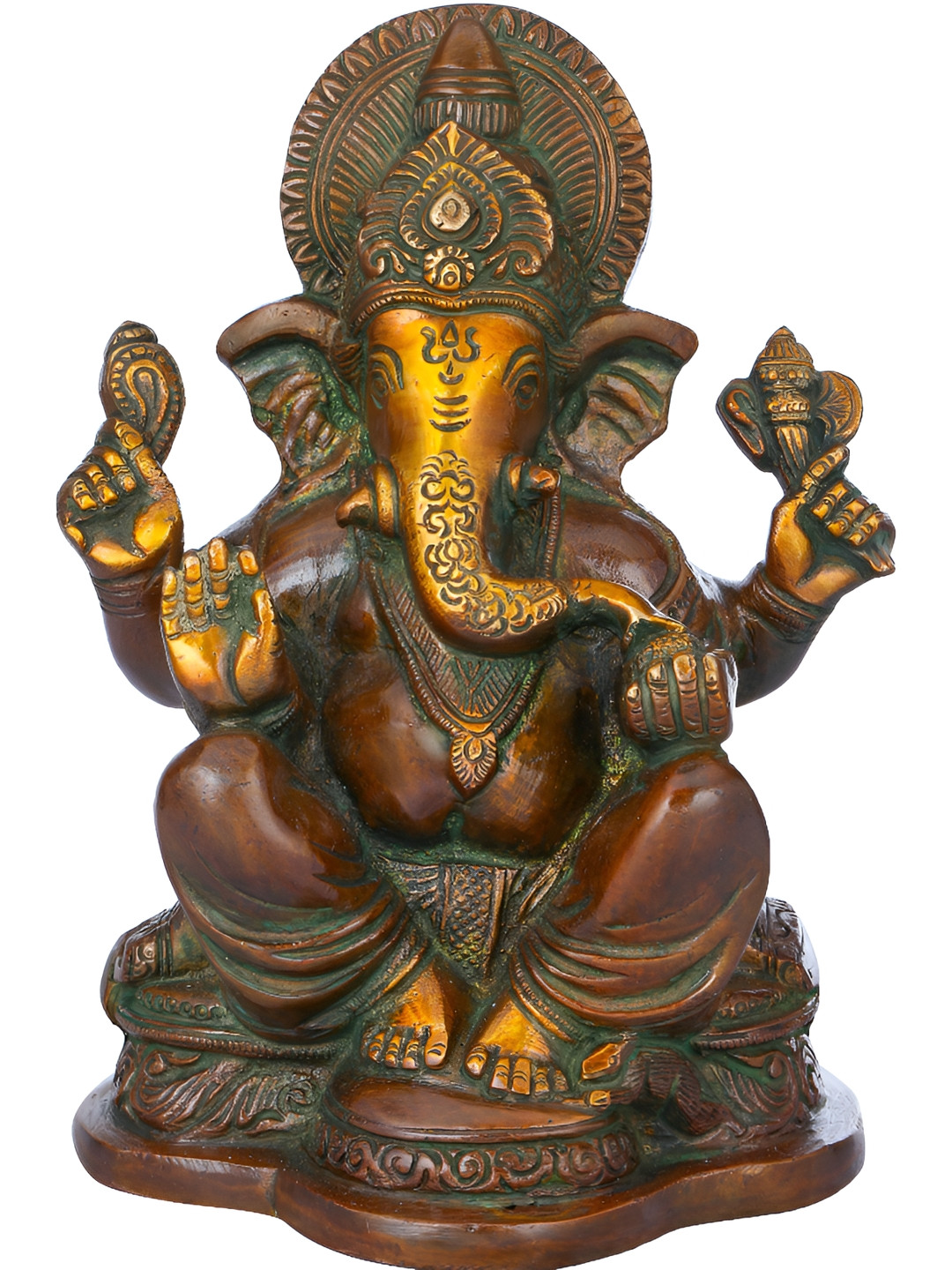 Exotic India Double Chola Brown & Gold Toned Lord Ganesha Religious Brass Idol Showpiece