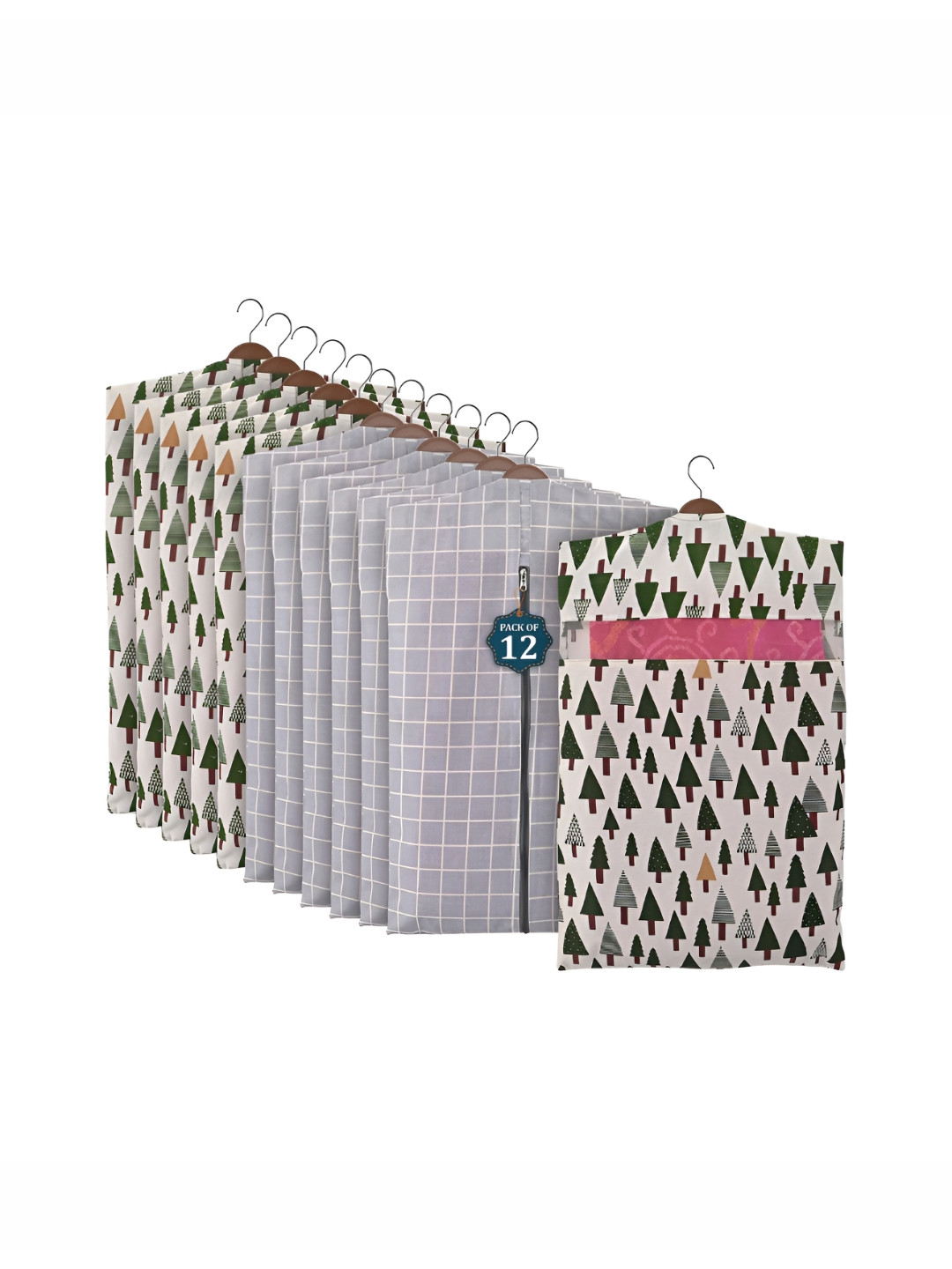 Aura Grey & White 12Pcs Cotton Hanging Saree Cover & Storage Multi-Utility Organisers