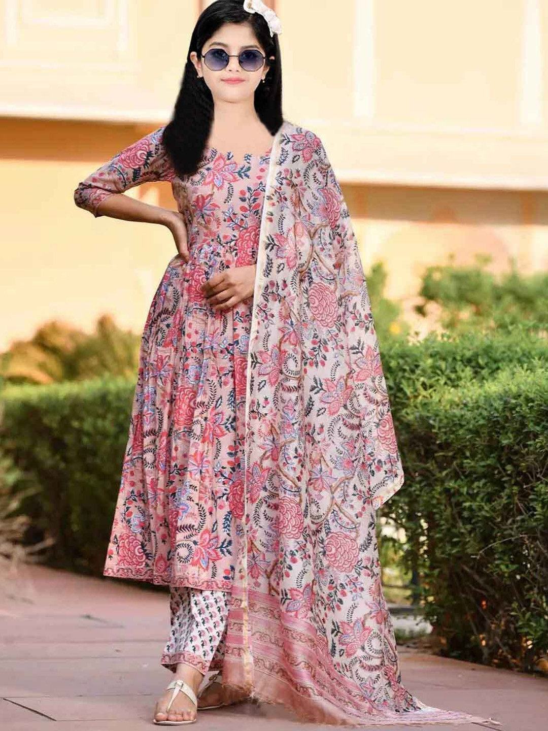 Vetrokart Girls Floral Printed Raw Silk Anarkali Kurta With Trousers And Dupatta