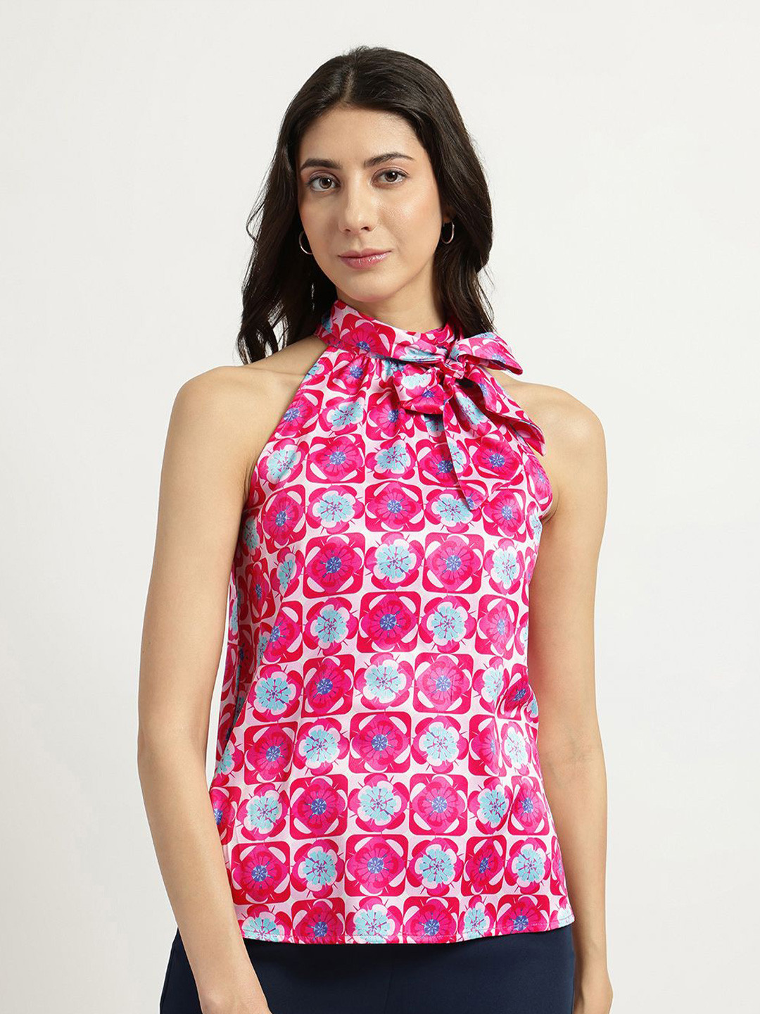 FableStreet Women Pink And Blue Satin Halter Neck Top