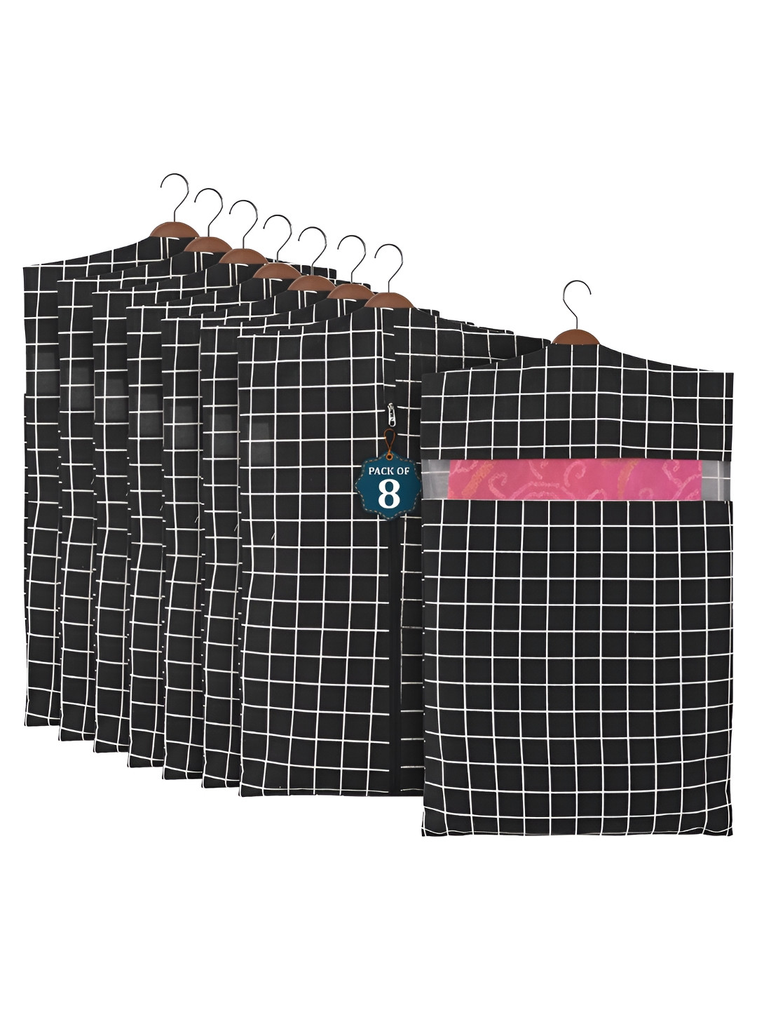 Aura Black 8 Pcs Mesh Window Cotton Hanging Saree Cover & Storage Multi-Utility Organisers