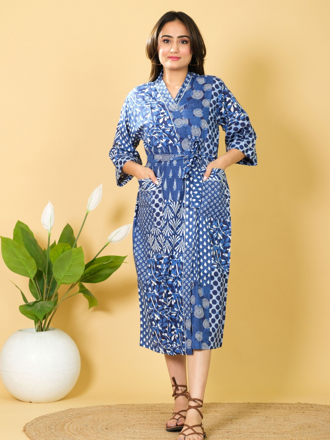 Marika Kimono, Patchwork Blue Leaf Cotton Drawstring Midi Bath Robe