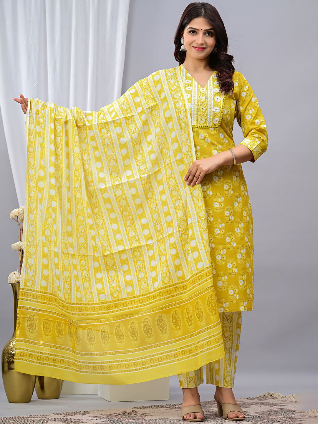 Vasjac Floral Printed V-Neck Sequinned Cotton Straight Kurta With Trousers & Dupatta