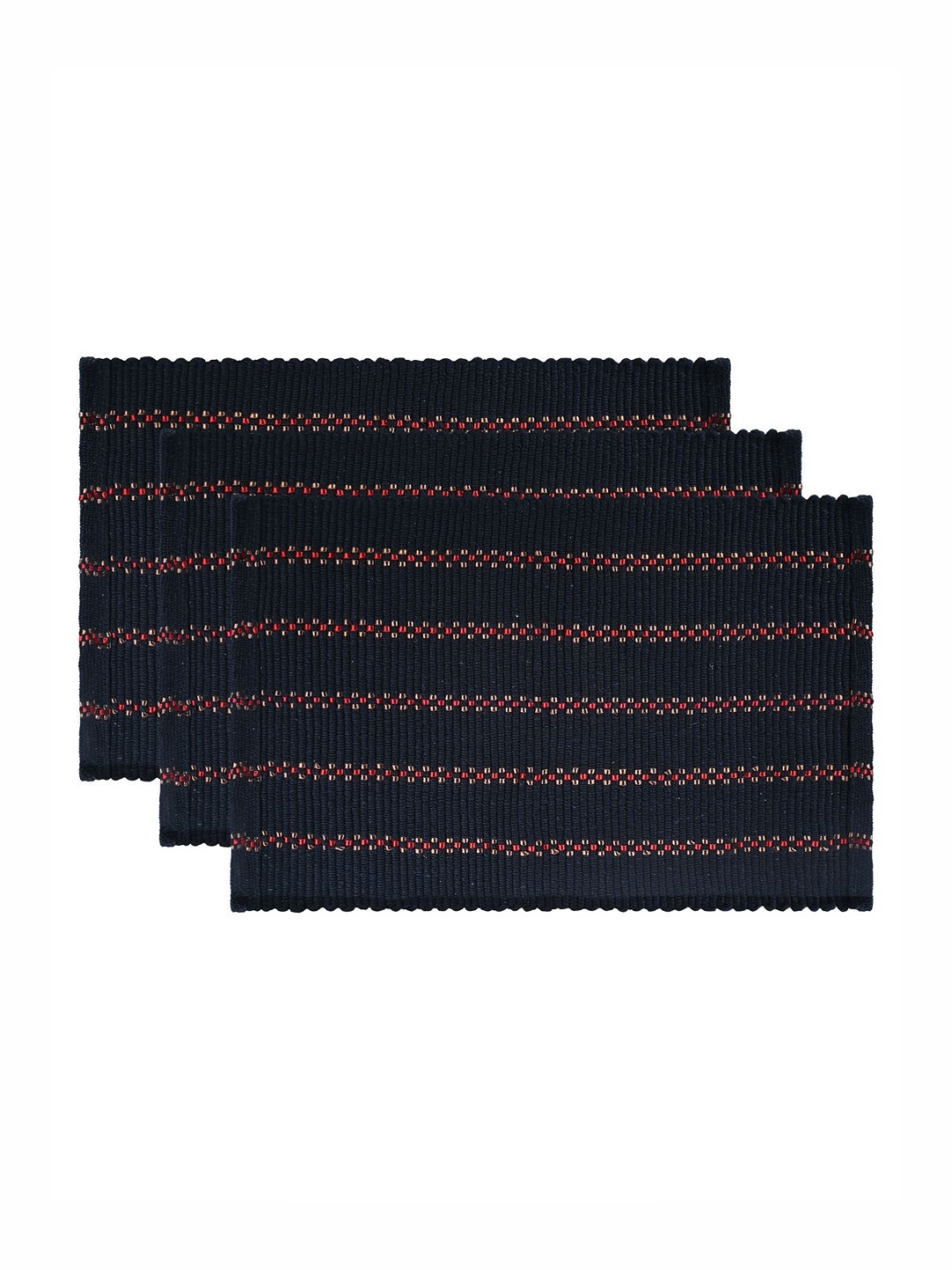 Aura 3-Pcs Navy Blue & Red Striped Soft Cotton Anti-Skid Bath Rugs