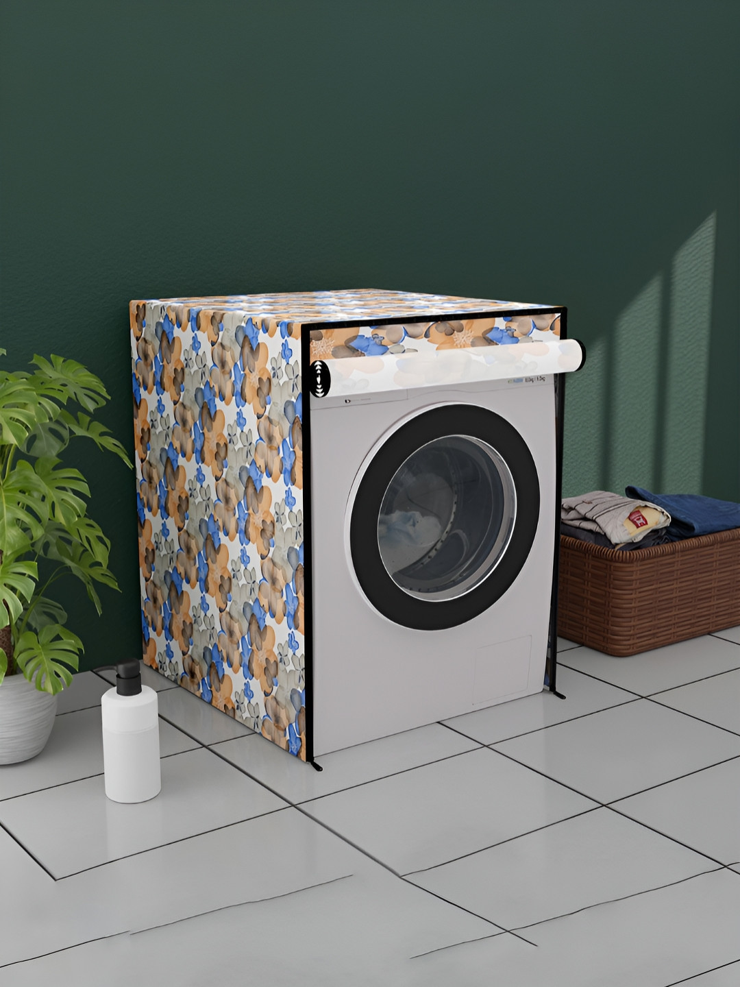 Myntra Elegant Homes White & Blue Printed Waterproof Washing Machine Cover With Zip