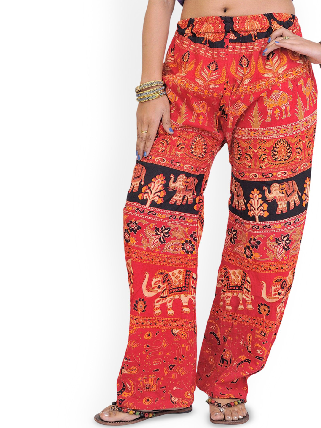 Exotic India Casual Trousers for Women from Pilkhuwa with Printed Elephants