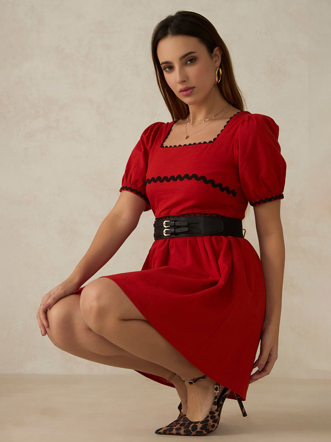 Virgio Pure Cotton Ric Rac Laced Red Mini Dress