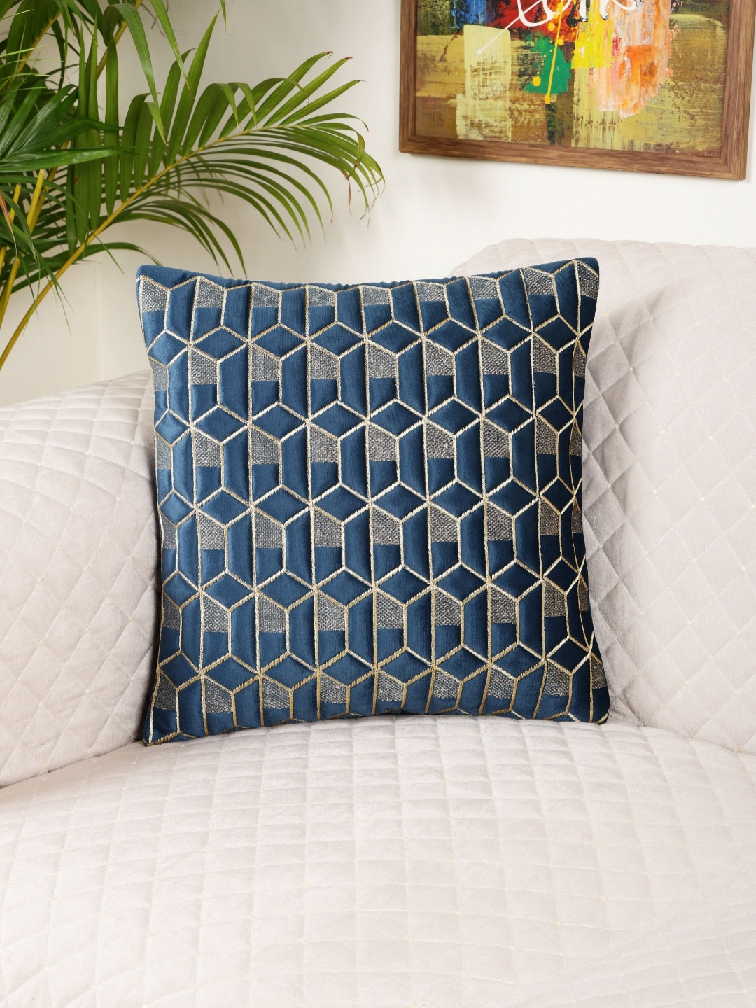 MONKDECOR Hexagon Design Geometric Velvet 5 Pcs Embroidered Cushion Covers-12x12In
