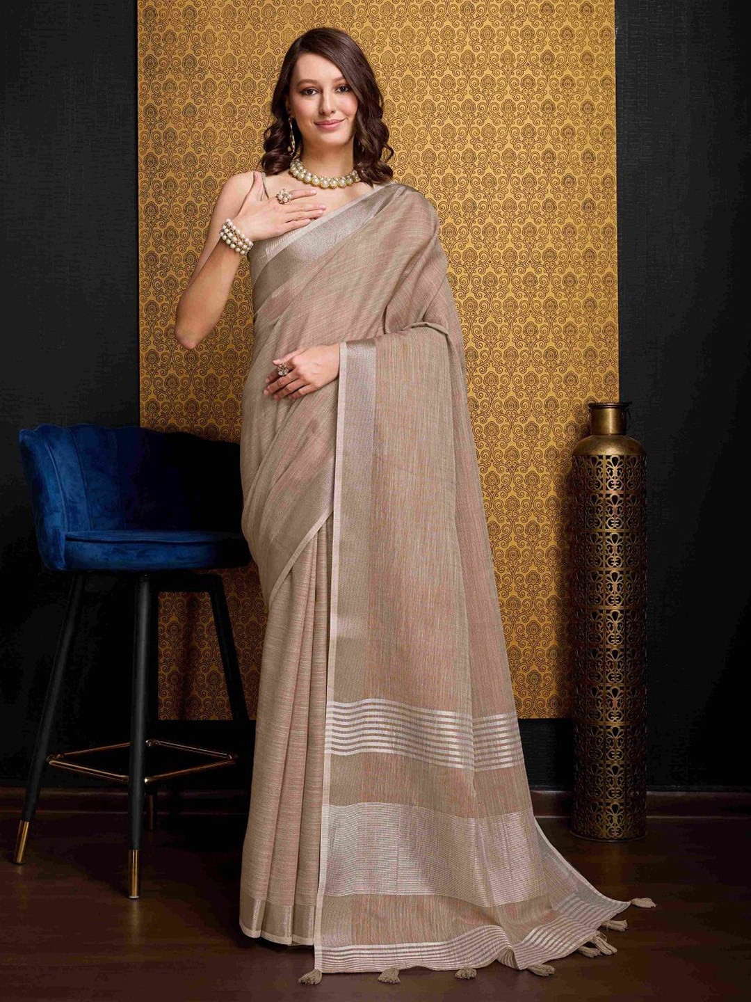 SWORNOF Festive Pure Linen Saree