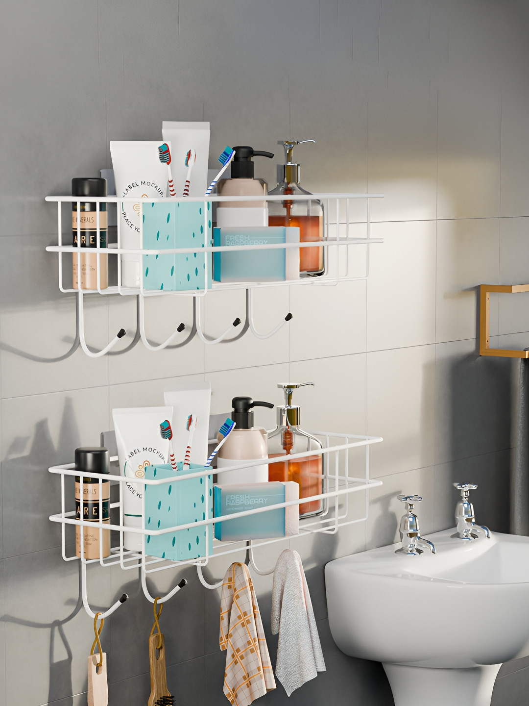 Aura White 2 Pcs Metal Self Adhesive Bathroom Rack with Drill Screws & 4 Hooks