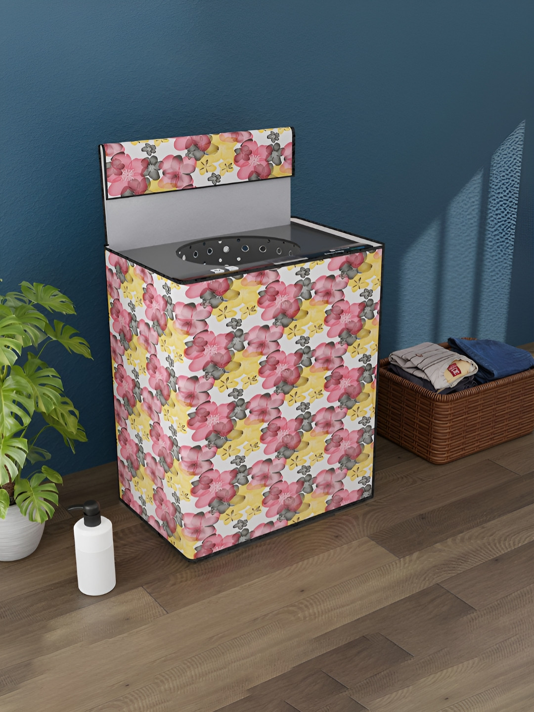 Myntra Elegant Homes White & Red Floral Printed Top Load Washing Machine Cover With Zip