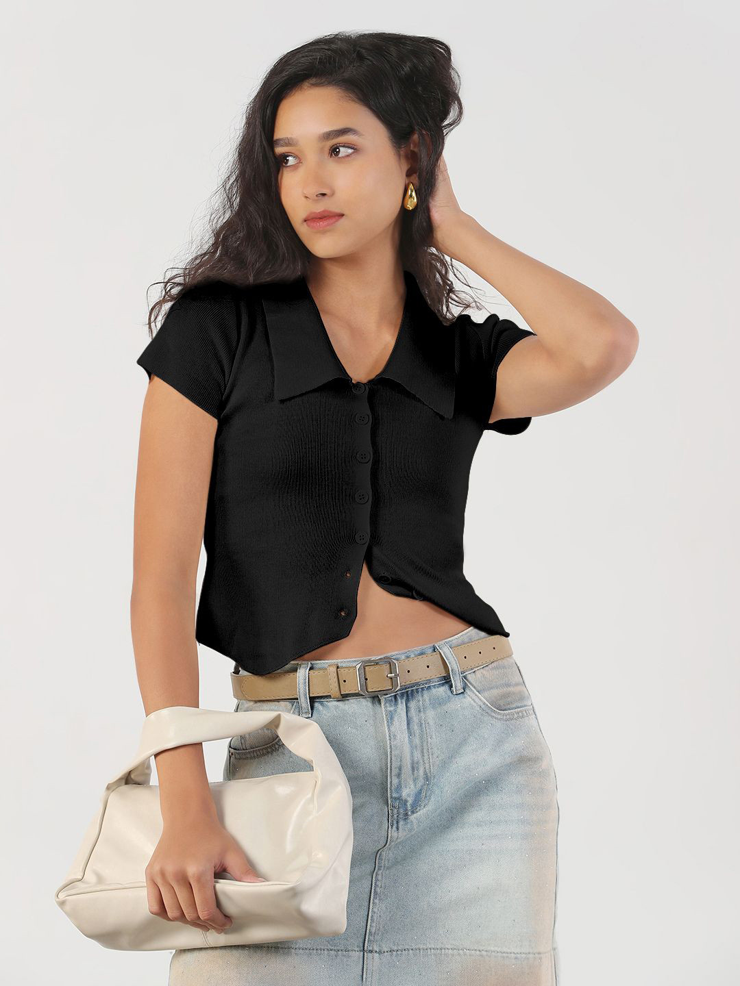 SHOWOFF Ribbed Fitted Shirt Style Crop Top