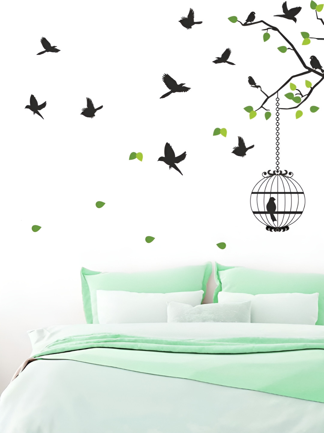 Aura Black & Green Bird Cages On Tree Branch Printed Self Adhesive Wall Sticker