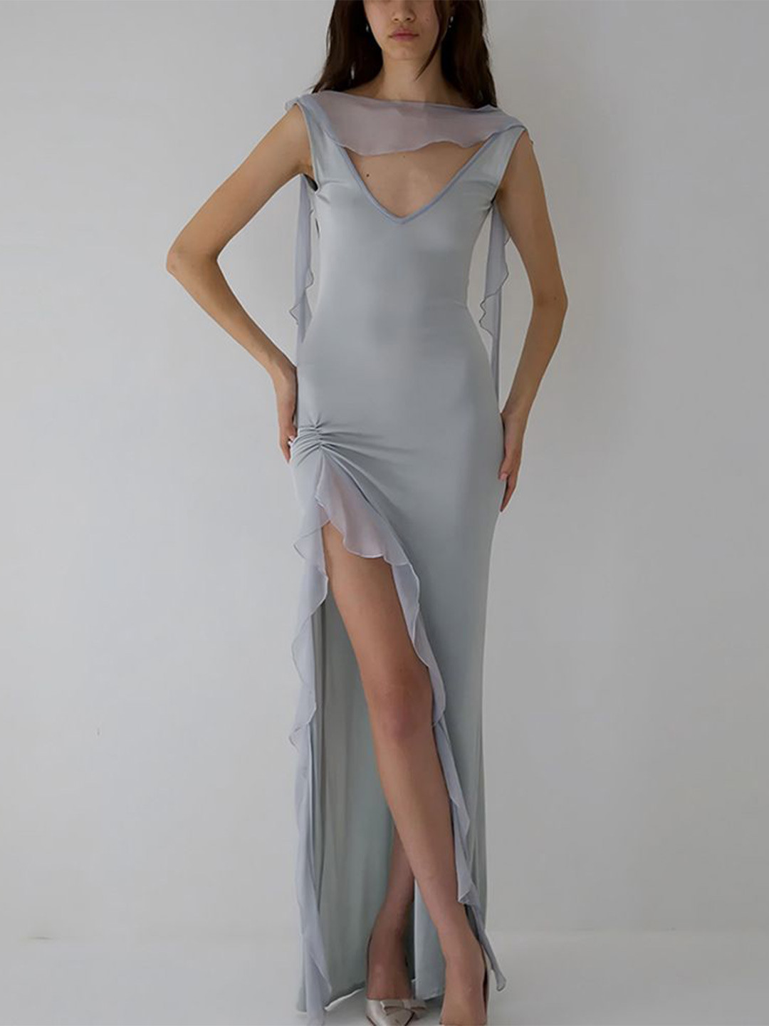 bebe Women Ruched Detached Scarf Bodycon Maxi Dress With A HIgh Slit On One Side