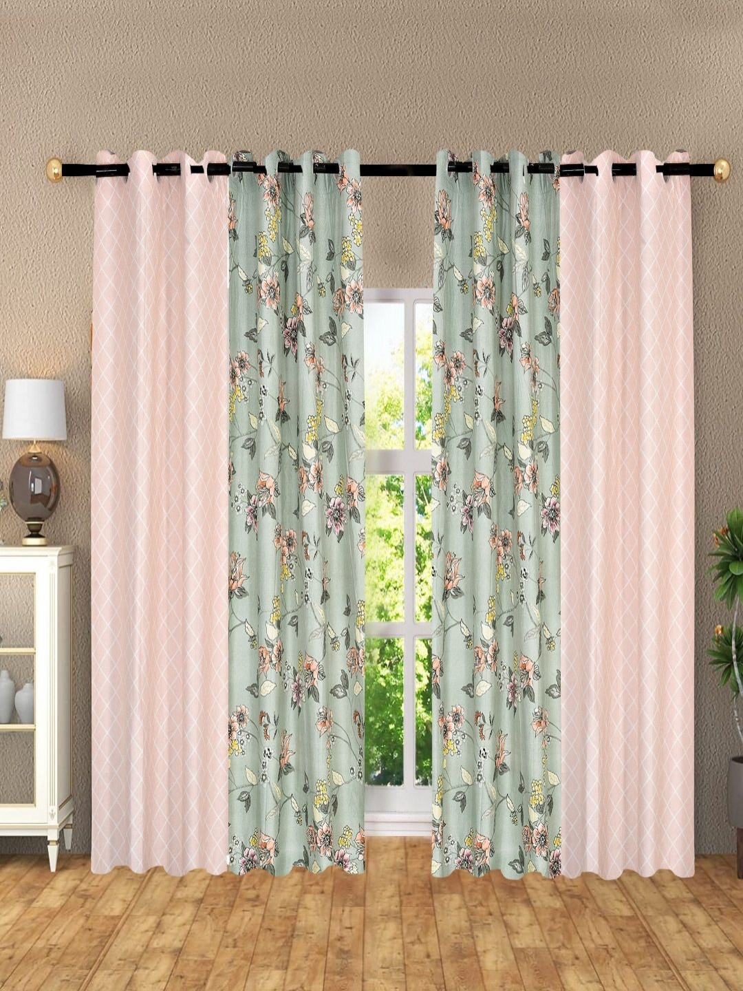 Myntra Elegant Homes Green & Pink Set of 2 Floral Sheer Door Curtain