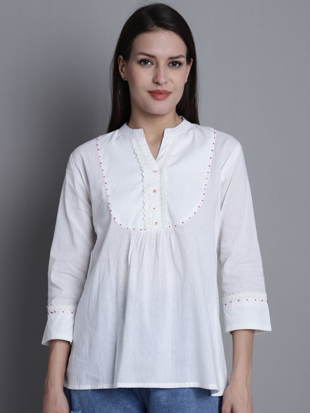 Merira Women Solid Gathered or Pleated Mandarin Collar Cotton Top