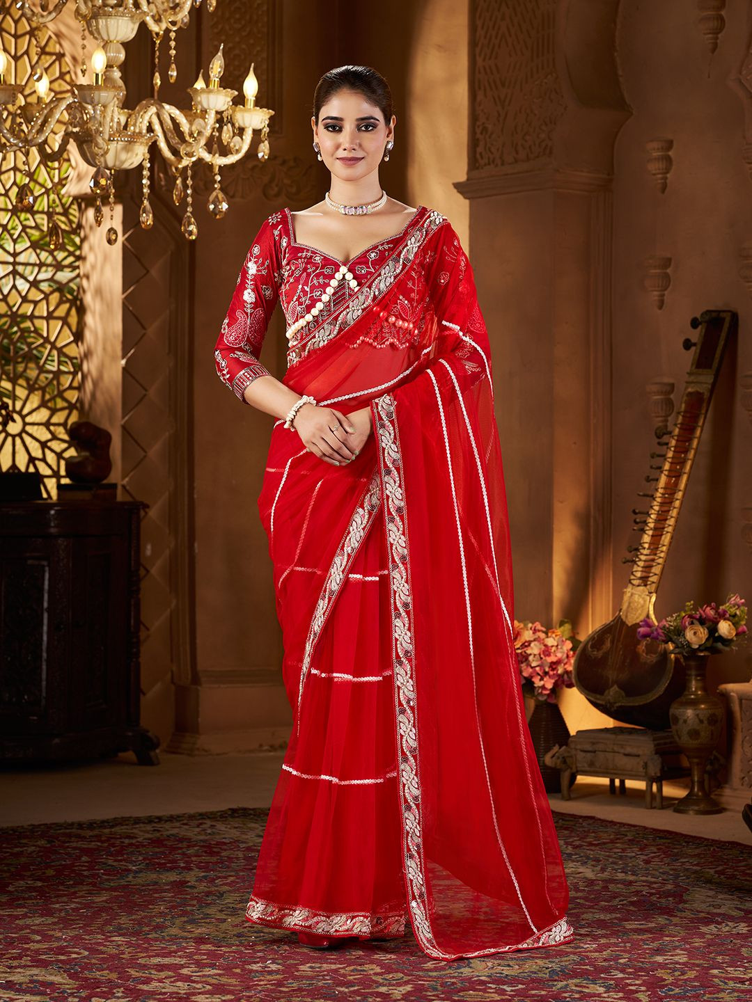 Mitera Embellished Embroidered Sequinned Net Saree