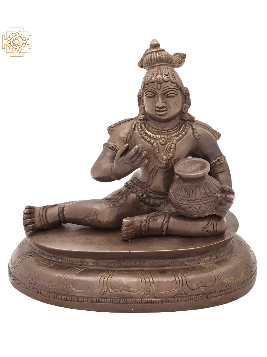 Exotic India Bronze-Toned & Beige Butter-Loving Krishna Brass Religious Idol Showpiece