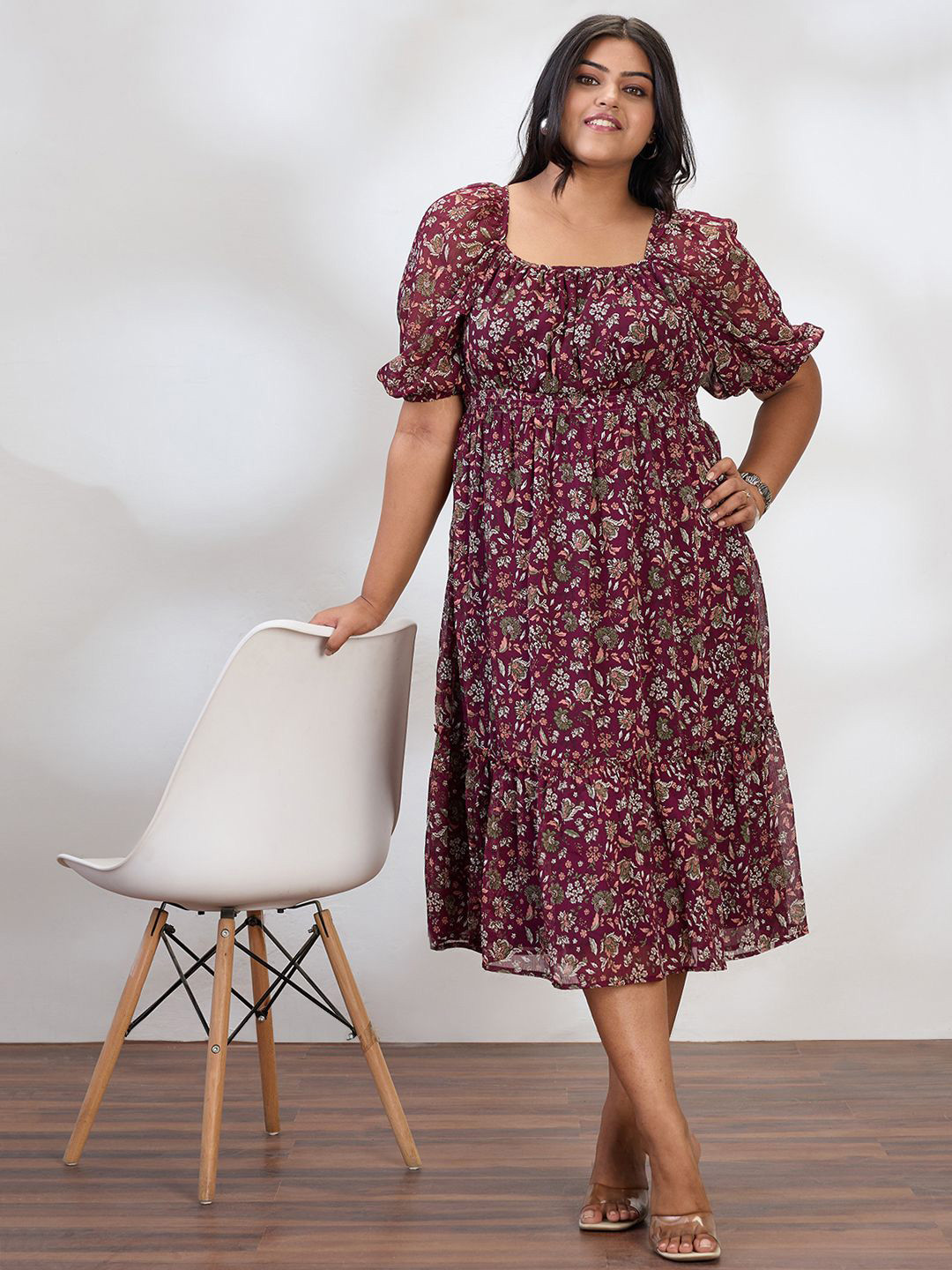 Globus Gloplus Square Neck Floral Smocked Plus Size Fit & Flare Midi Dress
