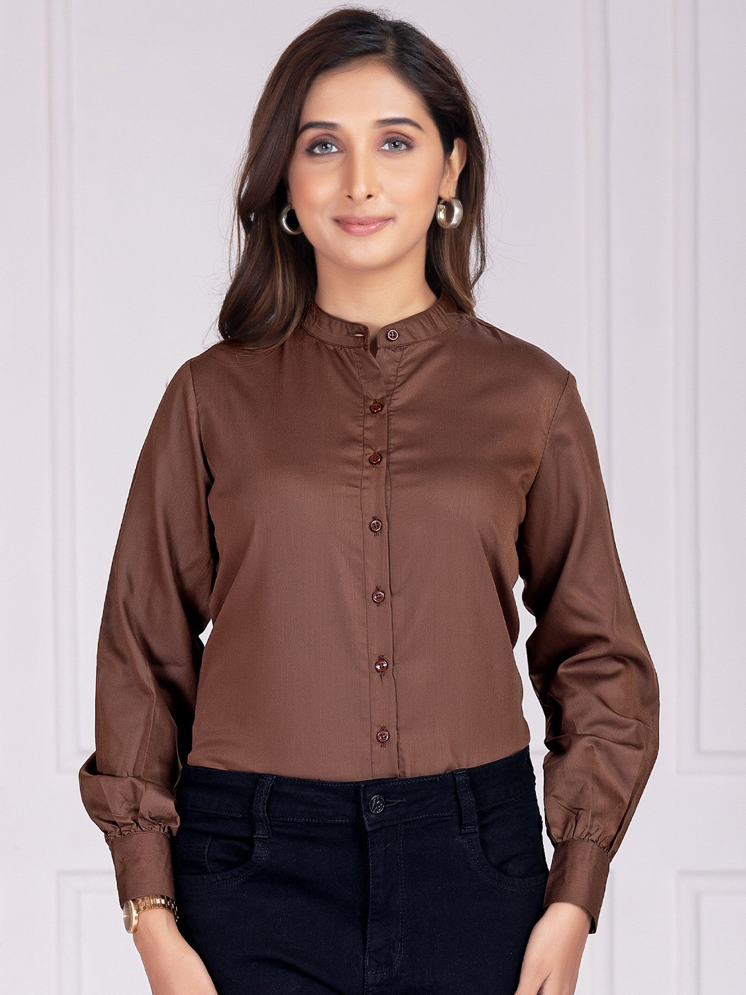 AMOUS Band Collar Cotton Formal Shirt