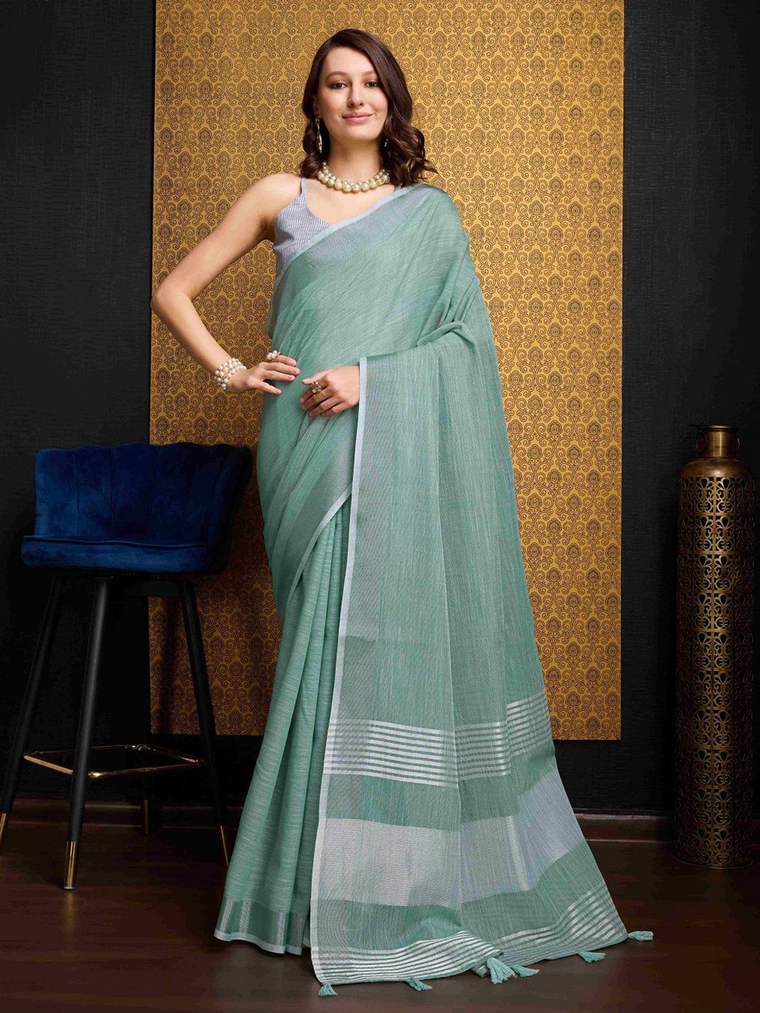 SWORNOF Woven Zari Pure Linen Saree