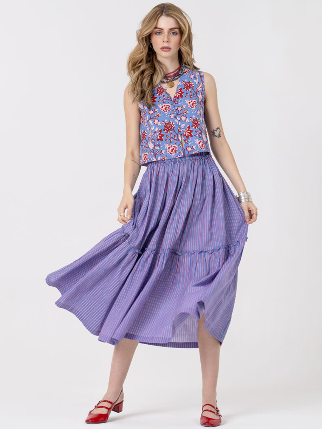 KALAMIR Printed V Neck Jacket With Skirt Co-Ords
