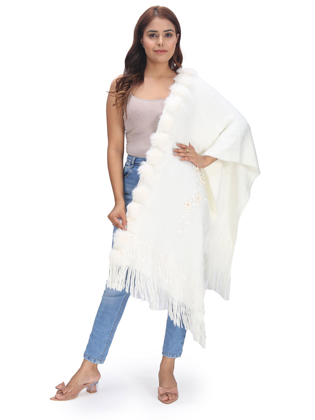 Manra Pure Woolen Ball Details Shawl With Tasselled Border