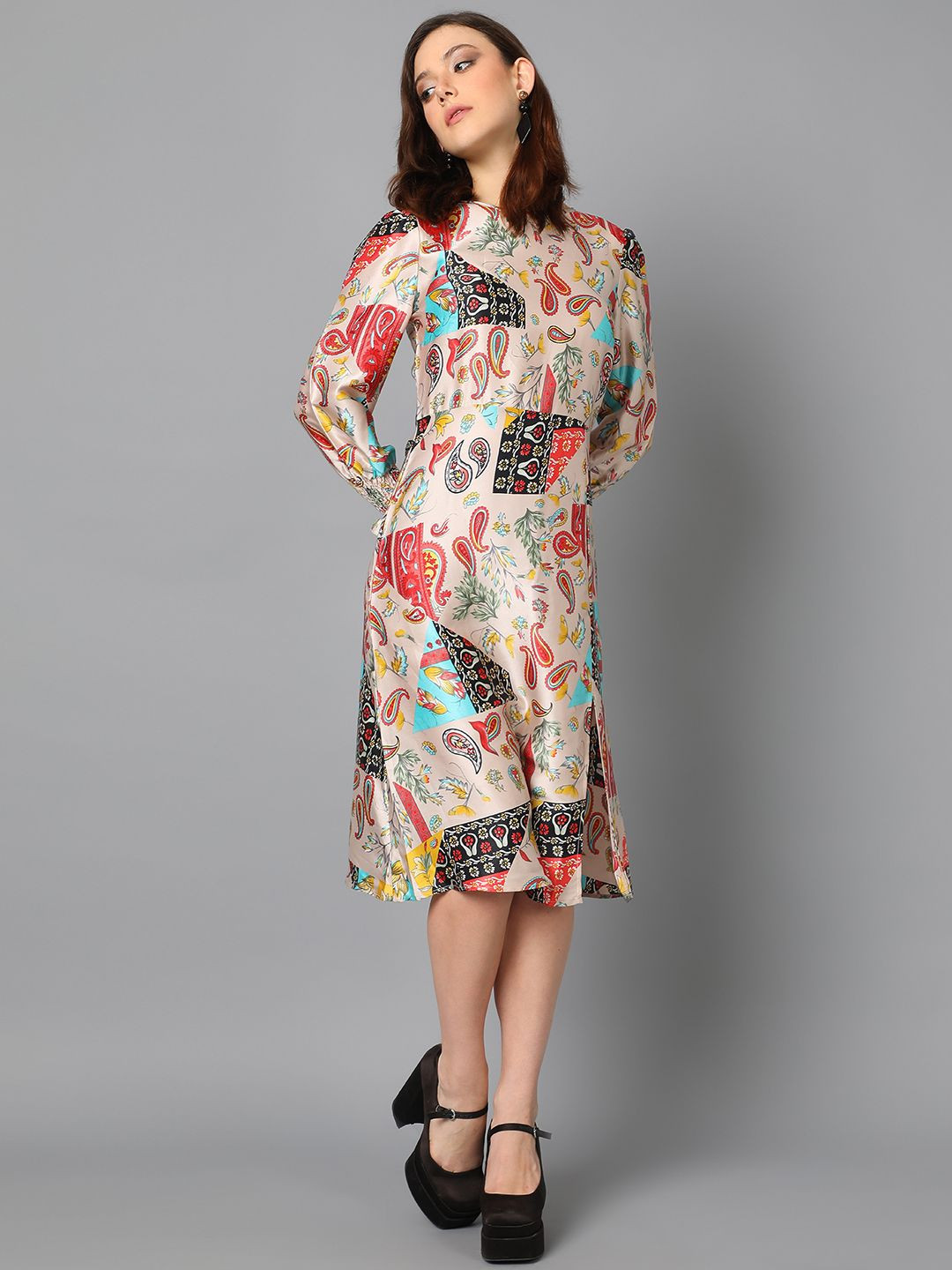 Off White Ethnic Motif A-Line Dress with Puff Sleeves
