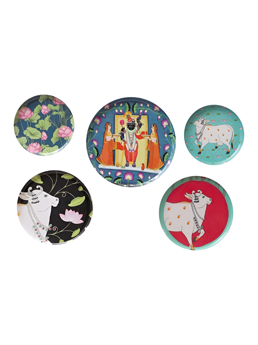 Amaya Decors Cow Metal & Meena Ethnic Motifs Glossy Hanging Hall 5Pcs Wall Plates-10In