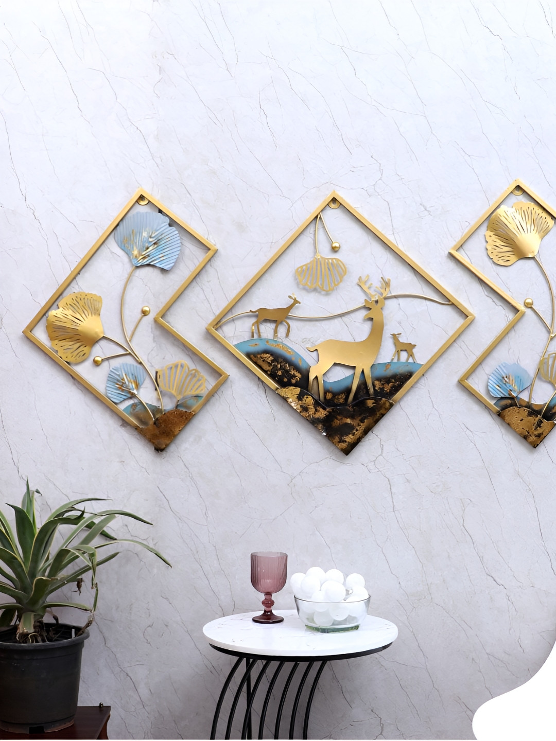 Amaya Decors Deer Wall Art Metal Floral Matte Hanging Hall 3Pcs Abstract Wall Decor-15In