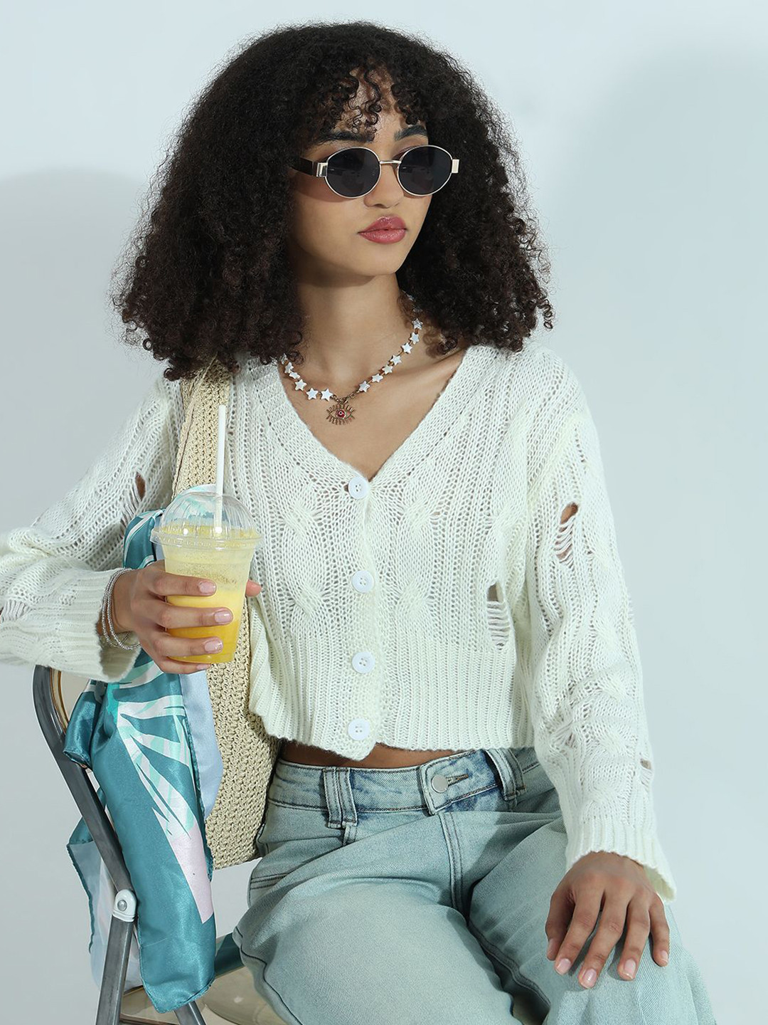 SHOWOFF Women V-Neck Distressed Cropped Sweater Top