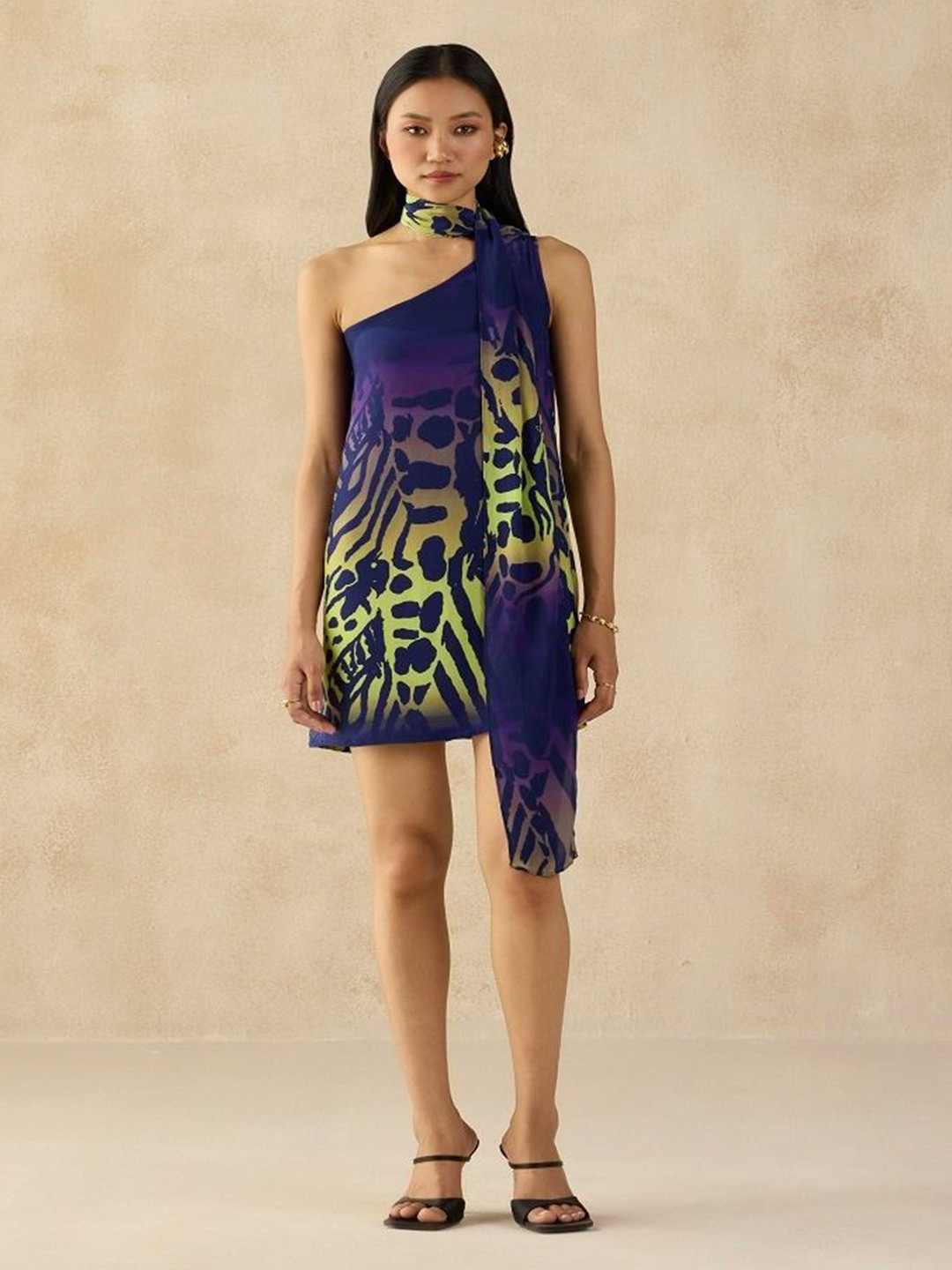 SIL SILA Women Animal Printed A-Line Hawaii Dress Draped Scarf Detail