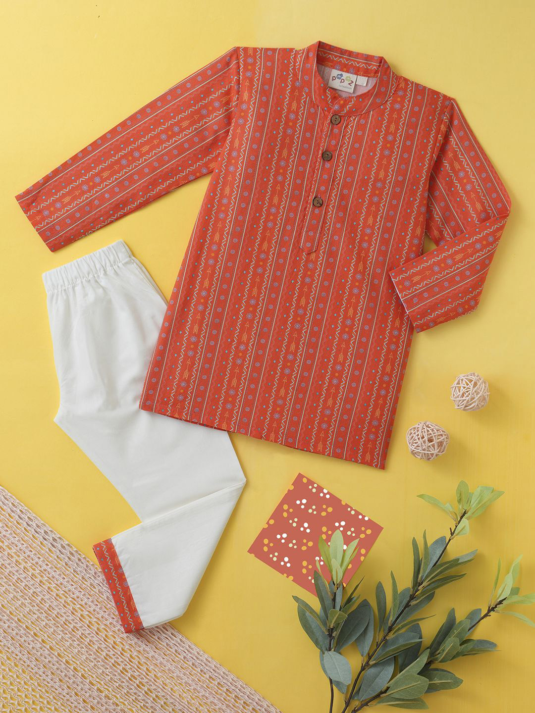 Desi Soota Boys Orange Tribal Arrow String Printed Pure Cotton Kurta with Pyjamas