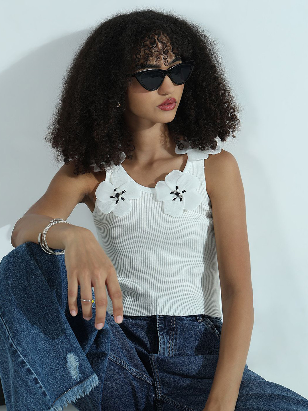 SHOWOFF Applique Women Solid Applique Sleeveless Top