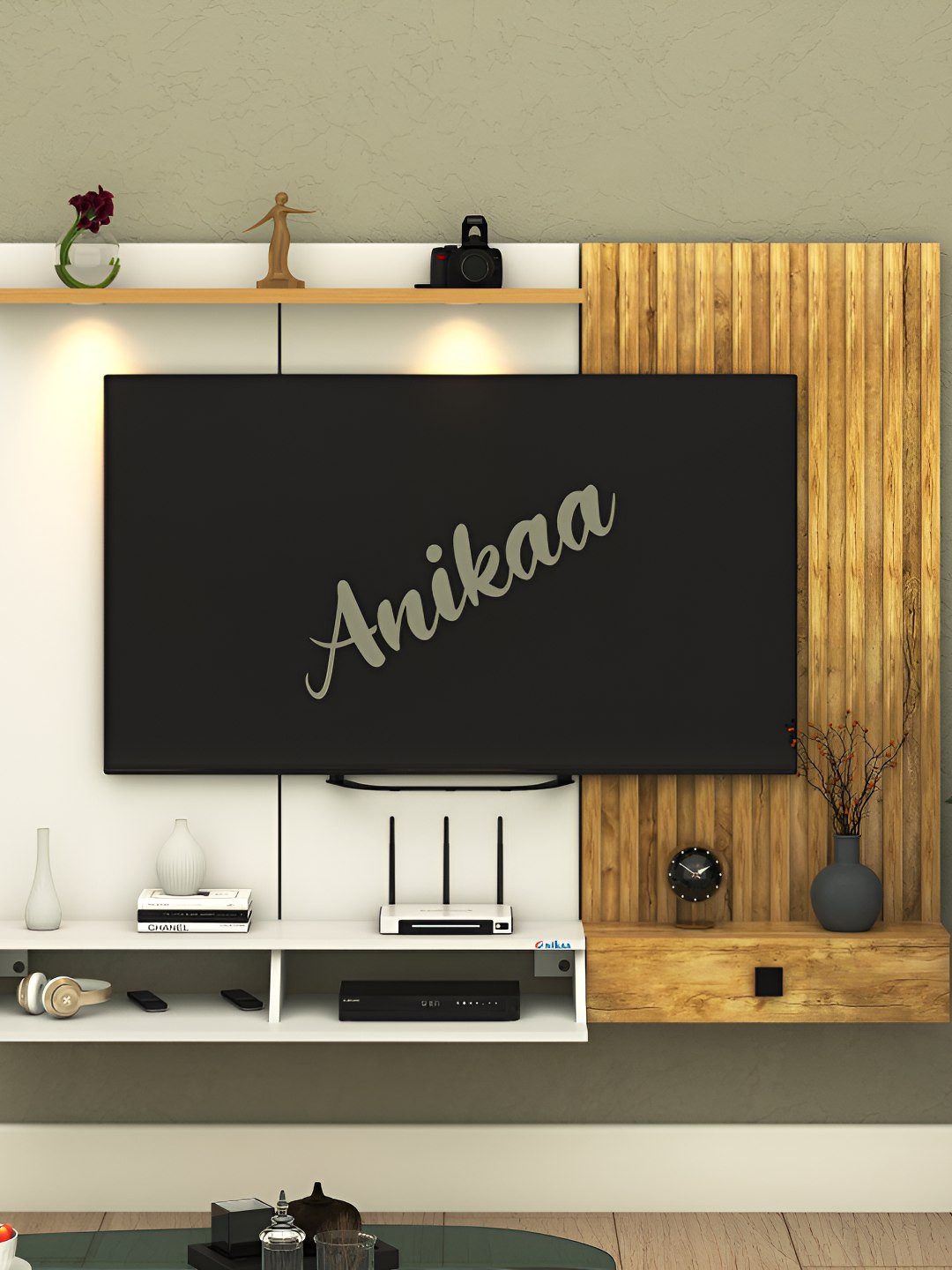 ANIKAA Gold & Off-White Wooden Study & Durable TV Entertainment Unit