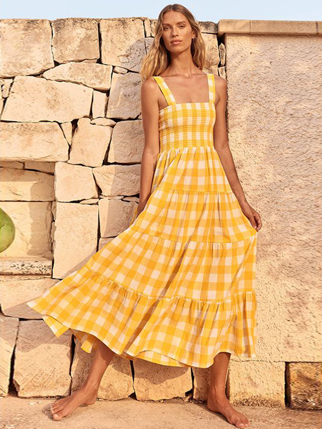 bebe Checked Halter Neck Fit & Flare Midi Dress